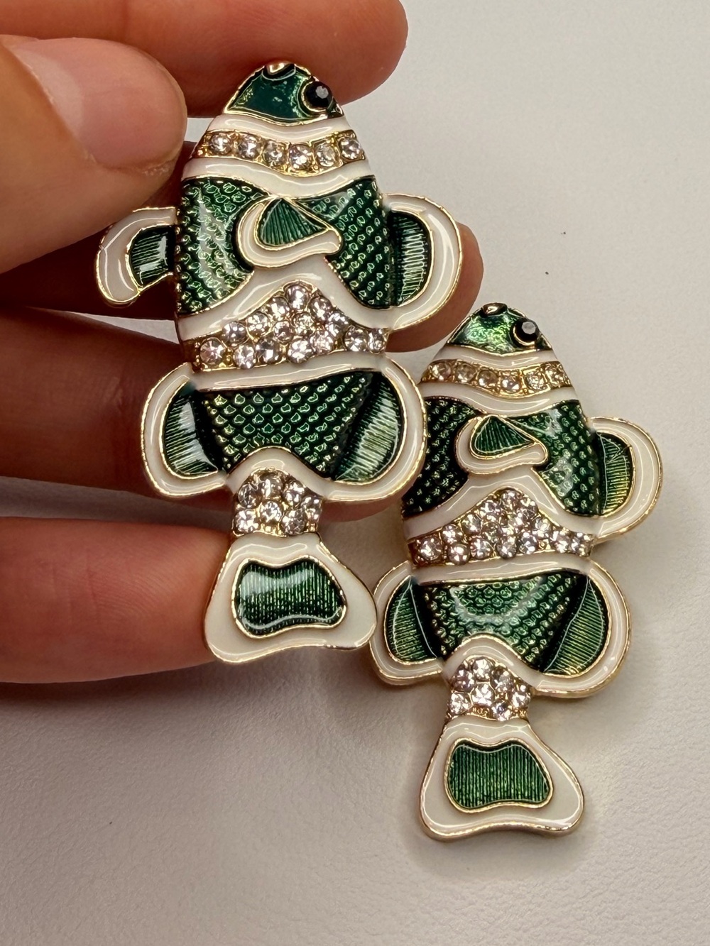 Green Enamel Fish Earring with Crystal Accents